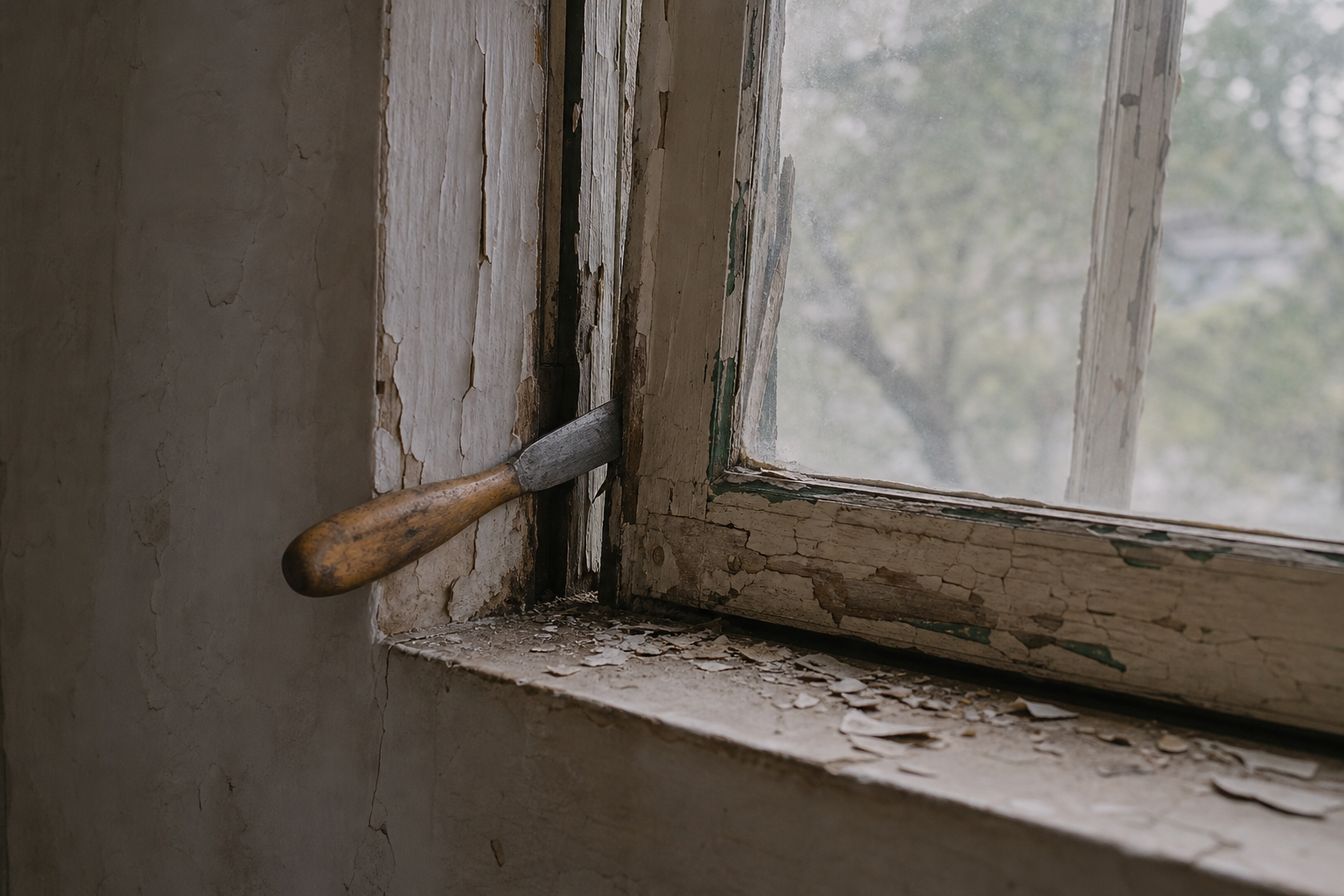 A putty knife worked into the paint-sealed seam of an old sash window, flakes of paint scattered across the sill.