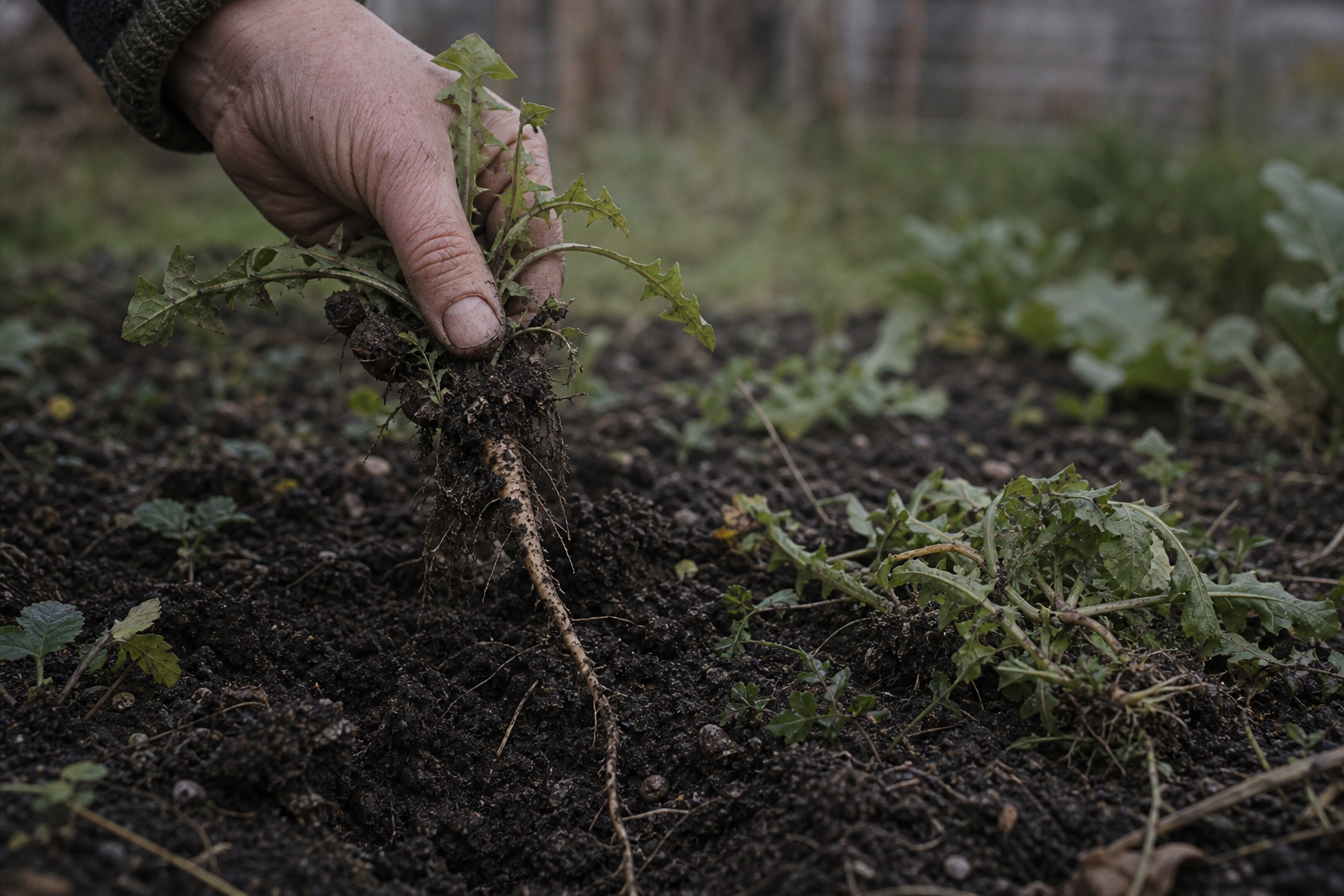 A hand pulling a weed from damp soil, its long pale taproot trailing clods of dark earth.